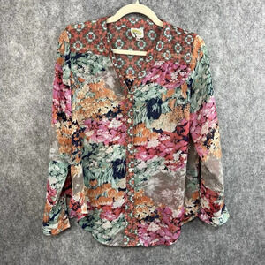 Fig And Flower Button Up Shirt Women PM‎ Floral Semi Sheer Roll Tab Sleeve
